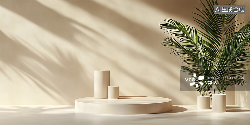 【AI数字艺术】白色背景下盆栽植物的特写镜头，双十一电商展台背景，干净的室内白墙和绿植装饰简约空白渲染背景图片素材
