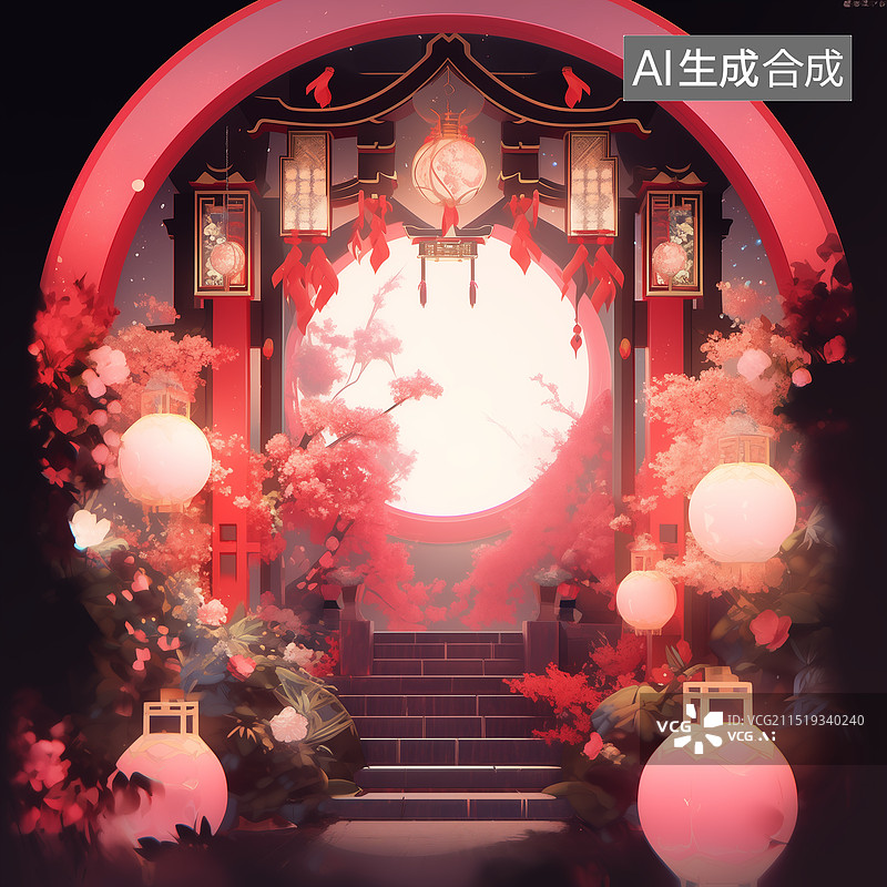 【AI数字艺术】中国新年题材背景图，传统节日装饰效果，节日婚礼布置，夜晚的酒店婚礼场景布置图片素材