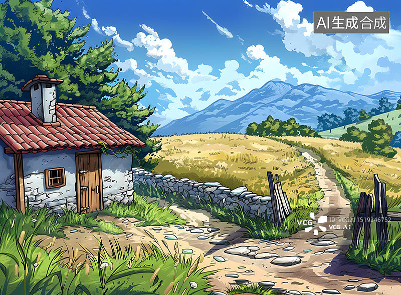 【AI数字艺术】石屋蜿蜒小路通往青翠草地图片素材
