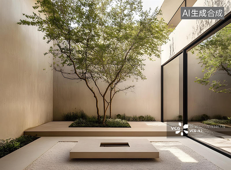 【AI数字艺术】现代简约庭院设计，石板露台与树木图片素材