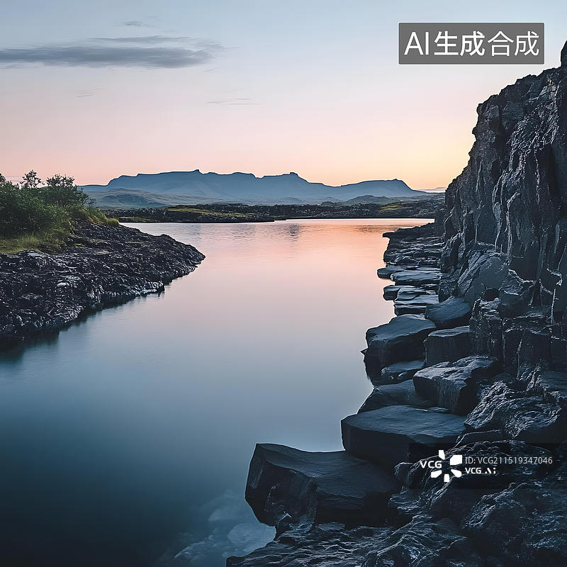 【AI数字艺术】日落时分，平静的水面，岩石海岸线，远处群山图片素材
