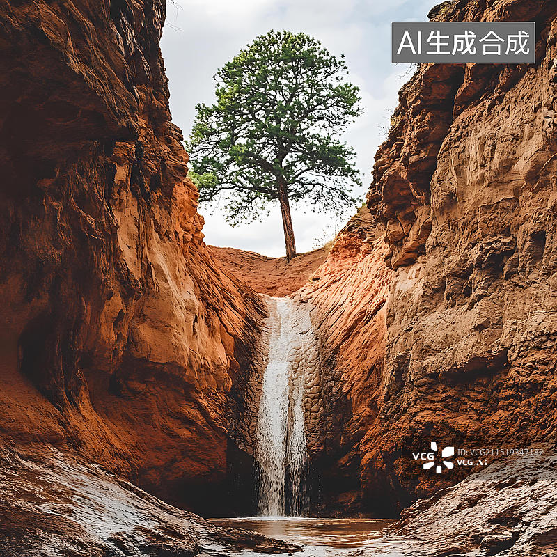 【AI数字艺术】峡谷瀑布与孤独的树木图片素材