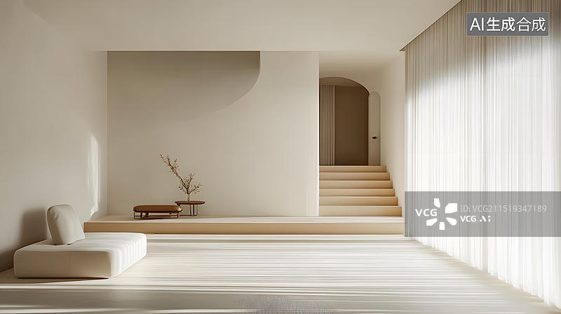 【AI数字艺术】极简风格的白色沙发和米色地板的室内设计图片素材