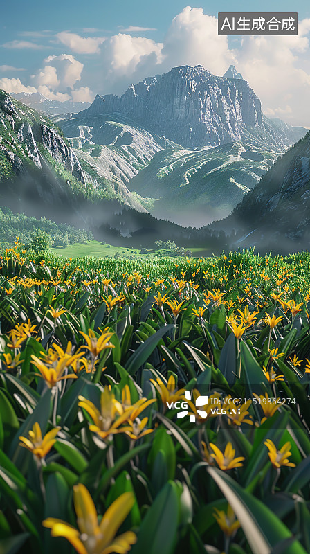 【AI数字艺术】阳光明媚草原花海场景 绿意盎然 远景 山野平原图片素材