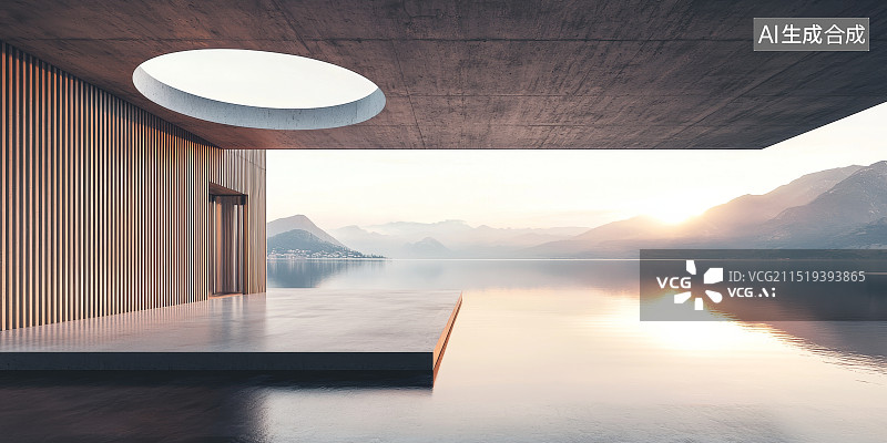 【AI数字艺术】湖边建筑与天窗的现代简约设计图片素材