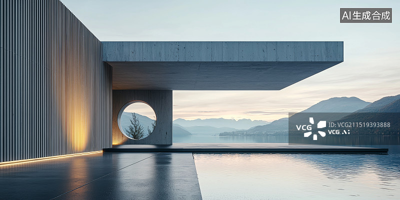【AI数字艺术】湖边建筑与天窗的现代简约设计图片素材