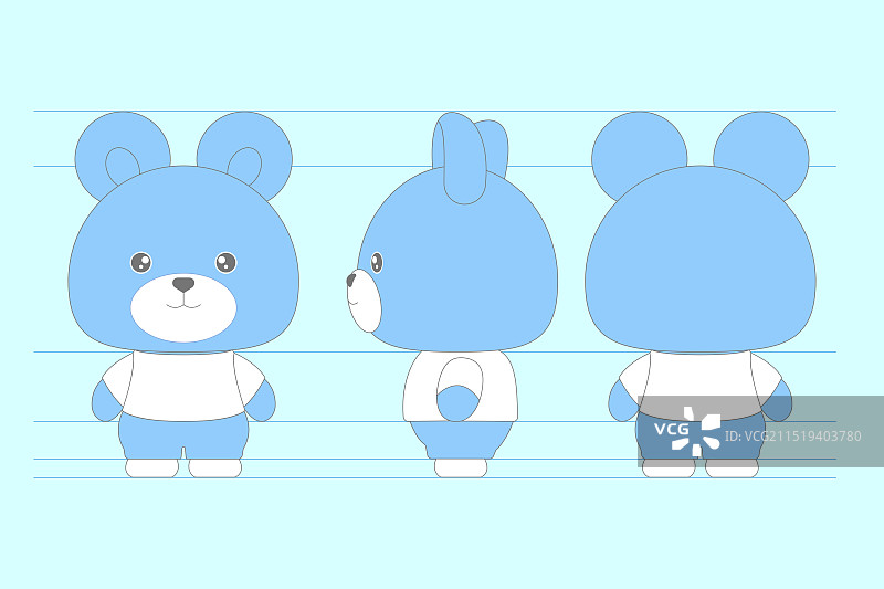 蓝色小熊吉祥物卡通形象三视图图片素材