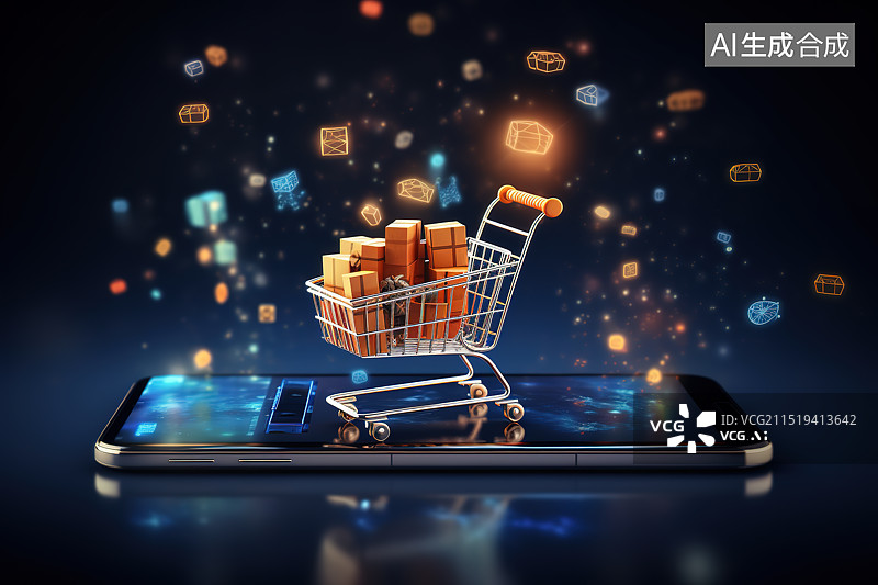 【AI数字艺术】放在手机上的购物车和飞在空中的许多快递箱——网上购物概念图片素材