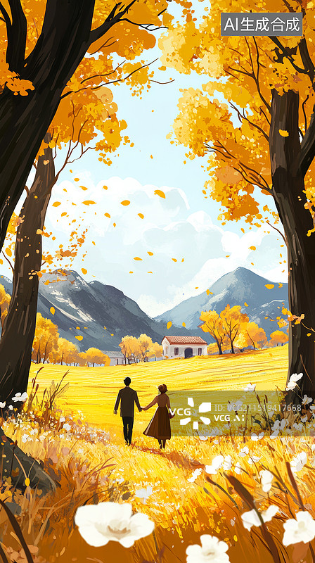 【AI数字艺术】秋天的山景牵手的情侣背影图片素材