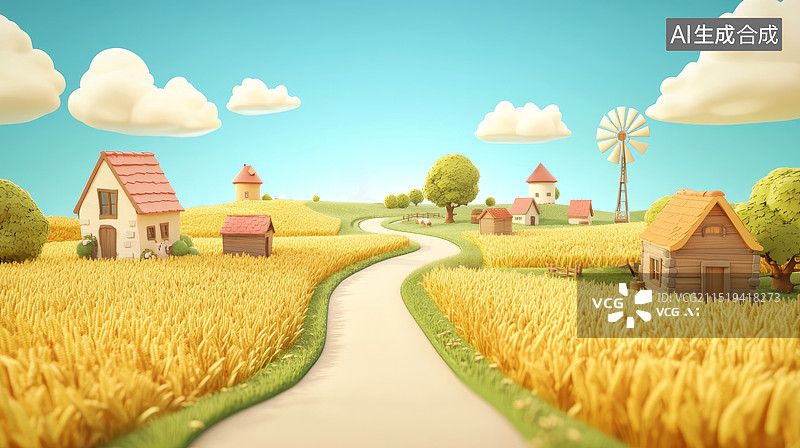 【AI数字艺术】金色麦田里的小房子图片素材