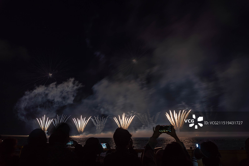 人们在晚上看烟花表演图片素材