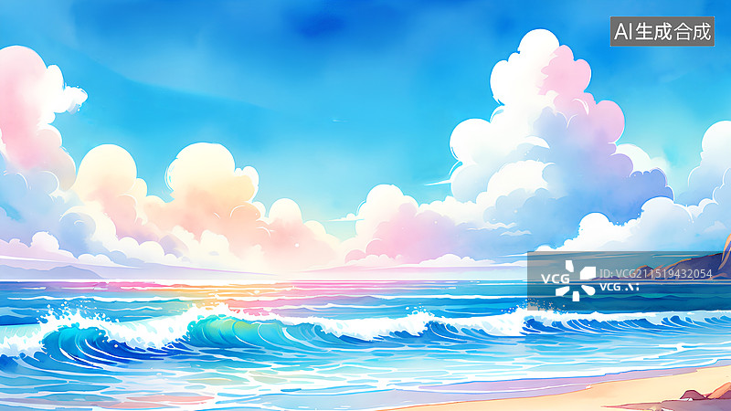 【AI数字艺术】手绘插画风景 美丽的海滩和大海图片素材