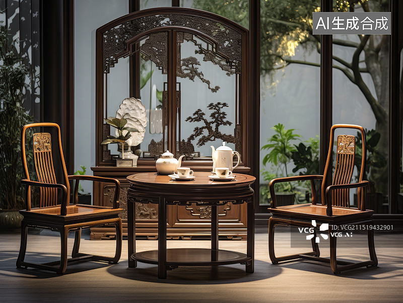 【AI数字艺术】中式风格的茶室餐厅室内空间图片素材