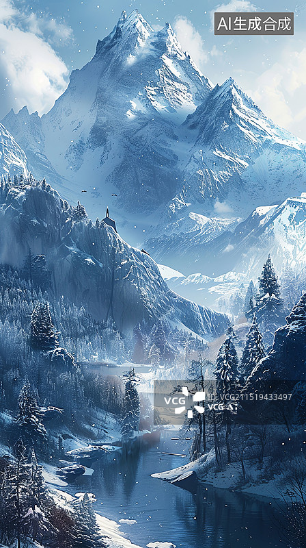 【AI数字艺术】雪山松树湖水在寒冷中图片素材