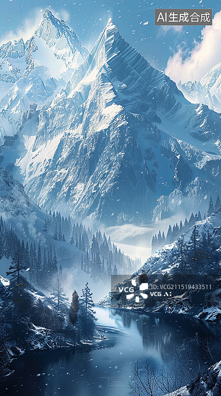 【AI数字艺术】雪山松树湖水在寒冷中图片素材