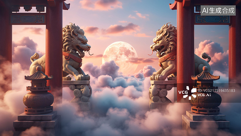 【AI数字艺术】中式石狮门图片素材