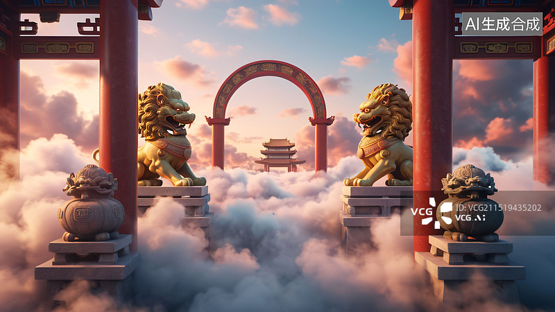 【AI数字艺术】中式石狮门图片素材