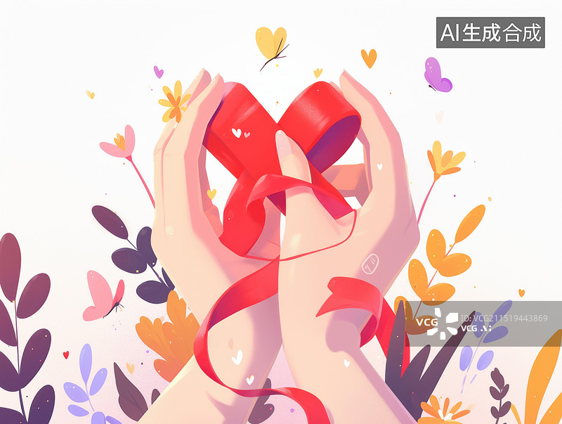 【AI数字艺术】红丝带艾滋病HIV符号关爱 爱心防治宣传图片素材