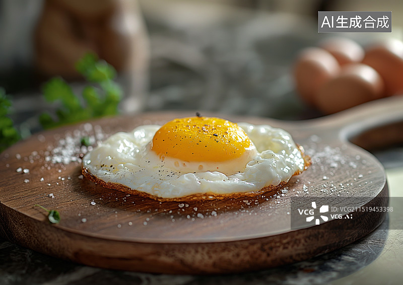 【AI数字艺术】厨房砧板上一块美味的煎鸡蛋图片素材