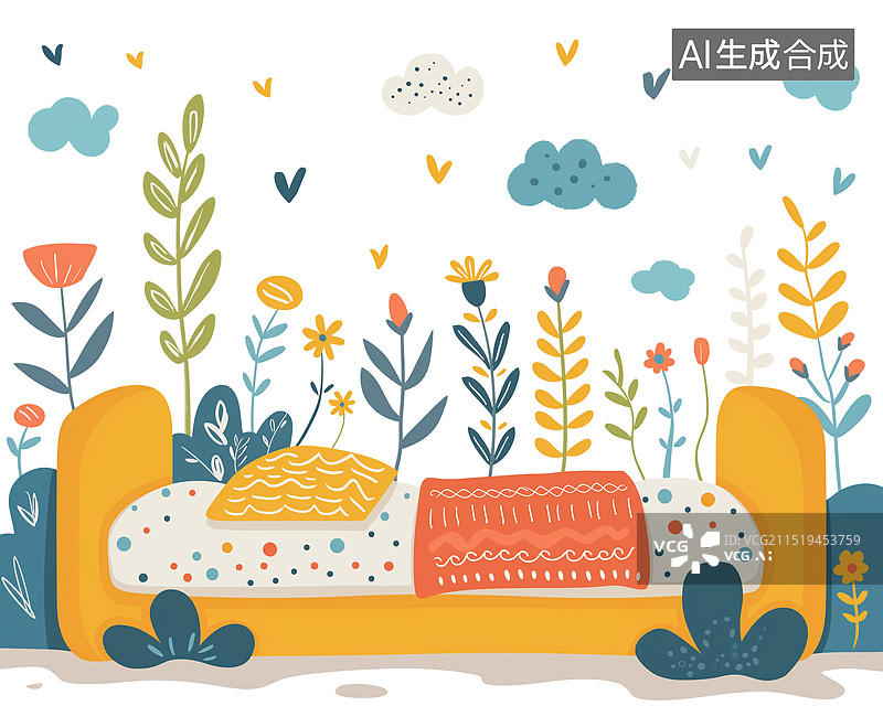 【AI数字艺术】卡通风格卧室床被图片素材