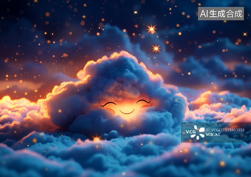 【AI数字艺术】夜晚一朵拟人化白云在安静的睡觉图片素材