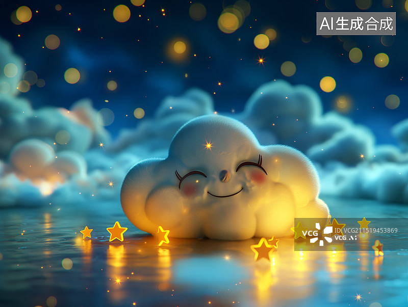 【AI数字艺术】夜晚一朵拟人化白云在安静的睡觉图片素材
