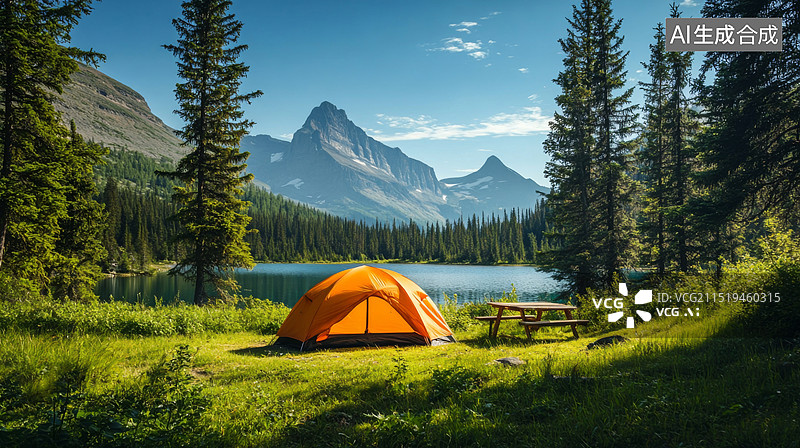 【AI数字艺术】山间湖边的帐篷露营地图片素材