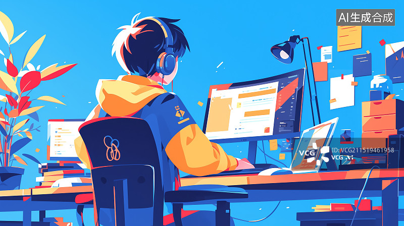 【AI数字艺术】在电脑前工作的人图片素材