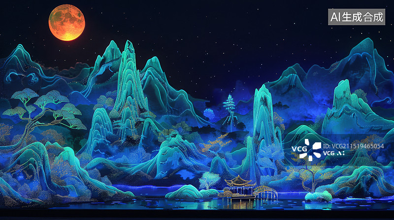 【AI数字艺术】中国刺绣青山、亭台楼阁图片素材