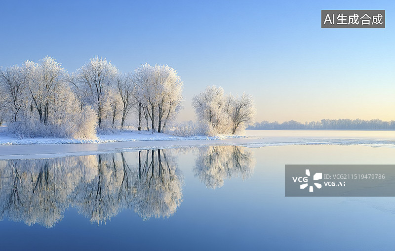 【AI数字艺术】冬天湖面积雪的雾凇美景图片素材