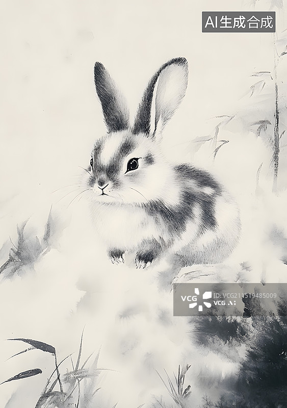 【AI数字艺术】十二生肖卯兔水墨风格插画竖版图片素材