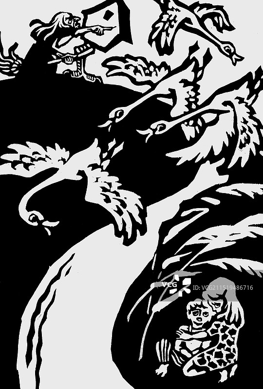 黑白木刻《天鹅的故事》（俄罗斯童话插图之三）图片素材