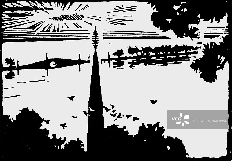 黑白木刻《西湖鸟瞰》图片素材