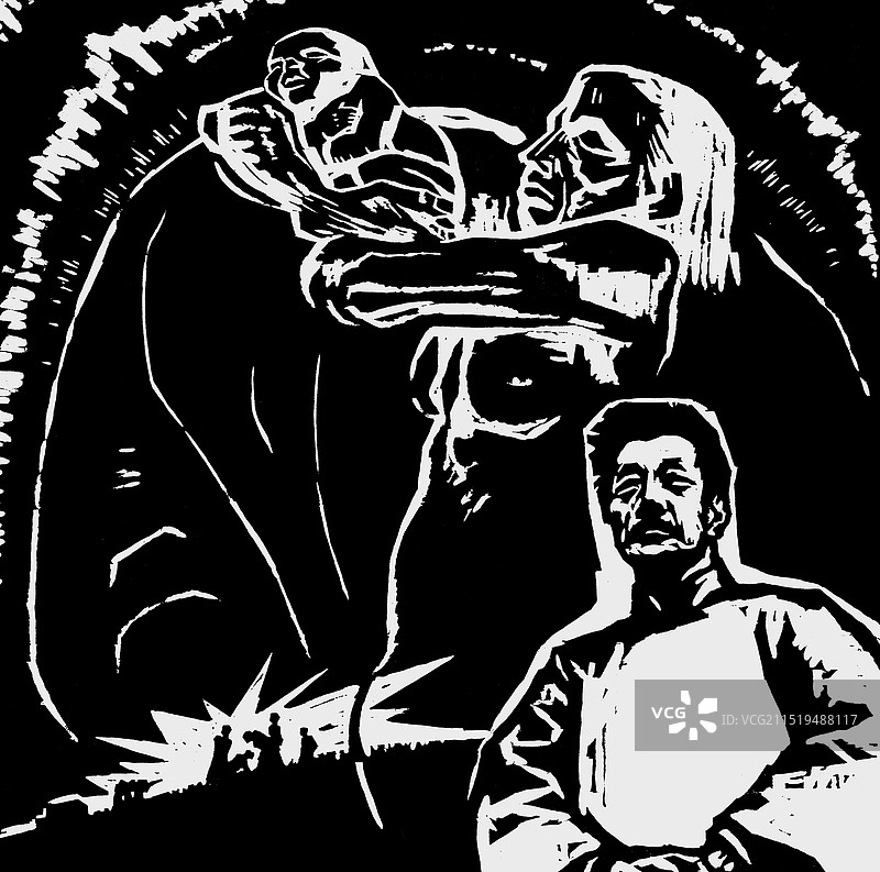 黑白木刻《牺牲》图片素材
