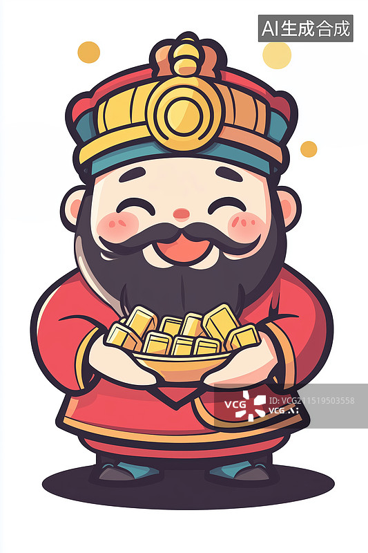 【AI数字艺术】国风神话传说捧金元宝的可爱财神扁平插画图片素材