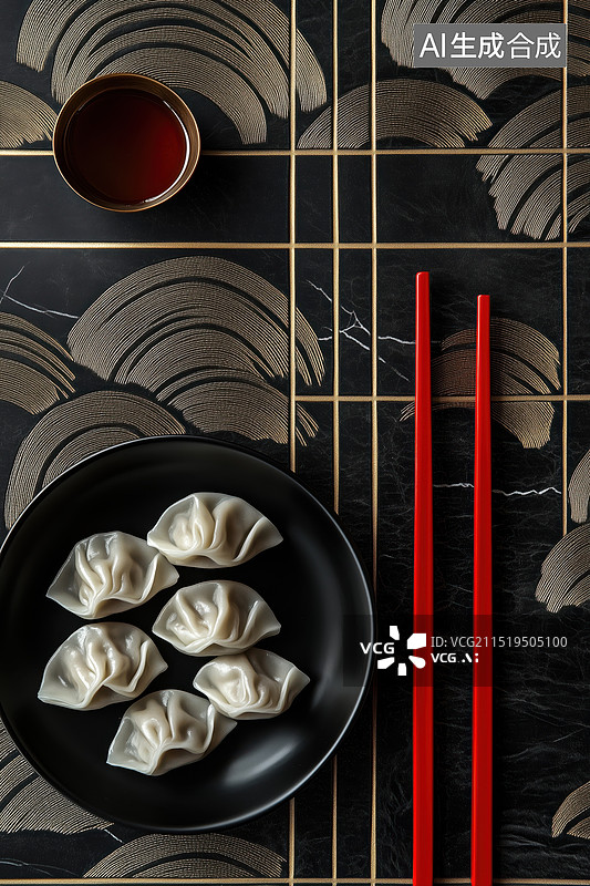 【AI数字艺术】新中式现代漆器装饰一盘饺子3D立体插画图片素材