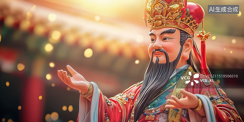 【AI数字艺术】国风传说古典建筑前财神爷3D立体塑像图片素材