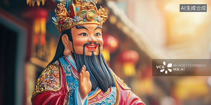 【AI数字艺术】国风传说古典建筑前财神爷3D立体塑像图片素材