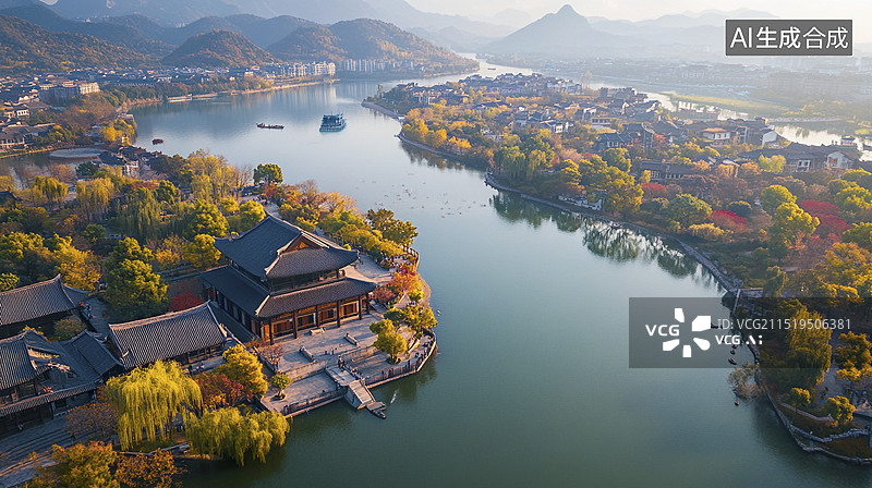 【AI数字艺术】航拍古城中的河流图片素材