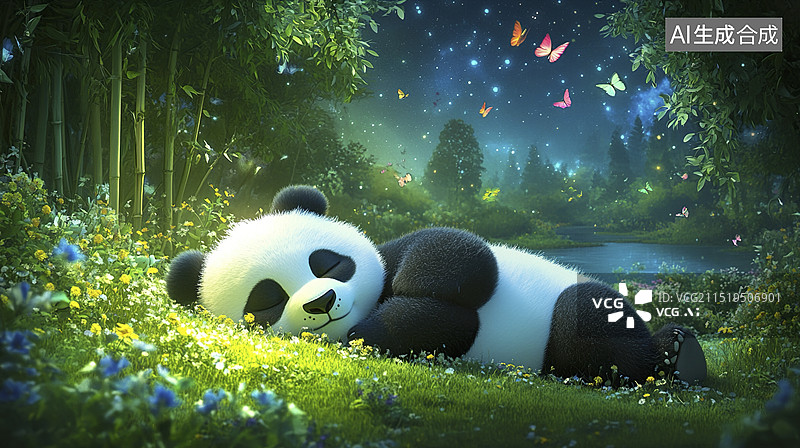 【AI数字艺术】熊猫温馨在竹林里睡觉图片素材