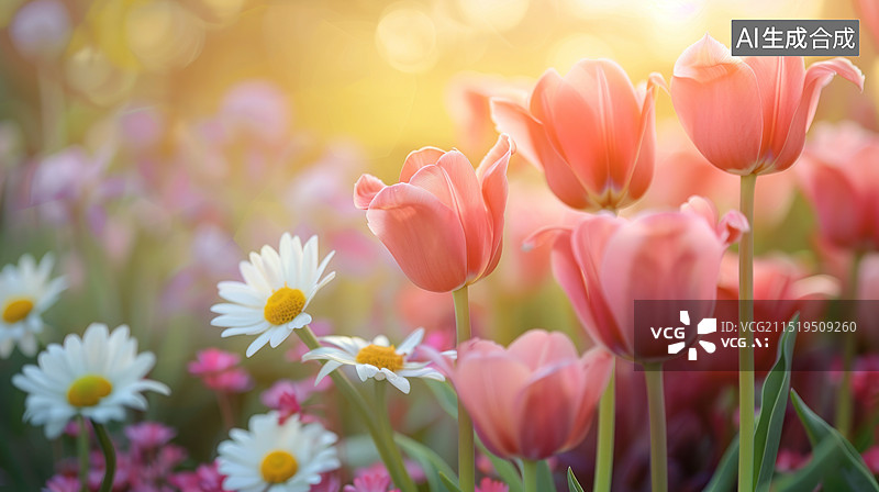 【AI数字艺术】粉色康乃馨和白色小雏菊特写图片素材