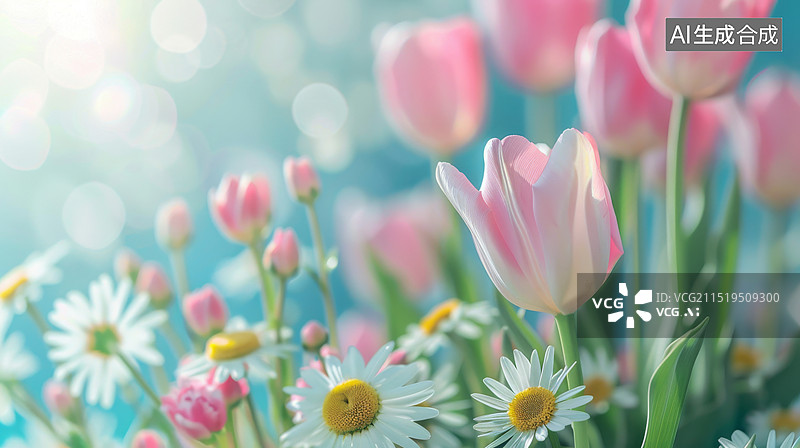 【AI数字艺术】粉色康乃馨和白色小雏菊特写图片素材