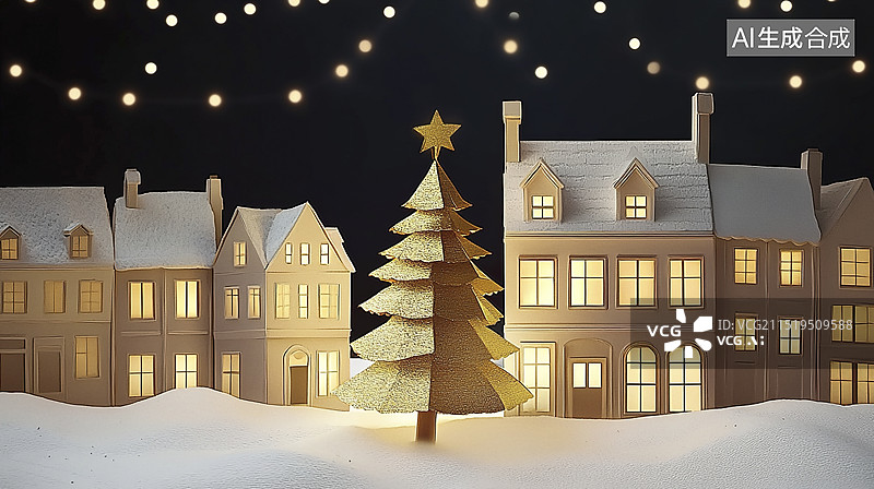 【AI数字艺术】圣诞节夜晚剪纸灯光背景图片素材