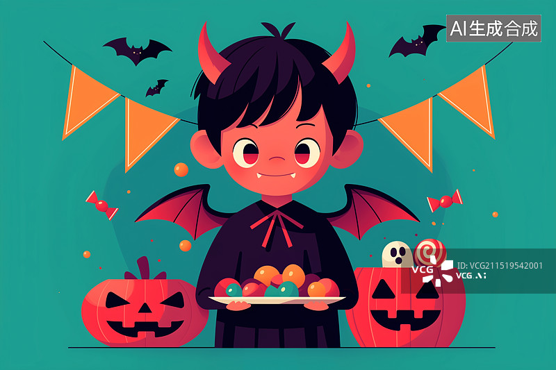 【AI数字艺术】小男孩在万圣节打扮成一个可爱的小恶魔西方传统节日图片素材