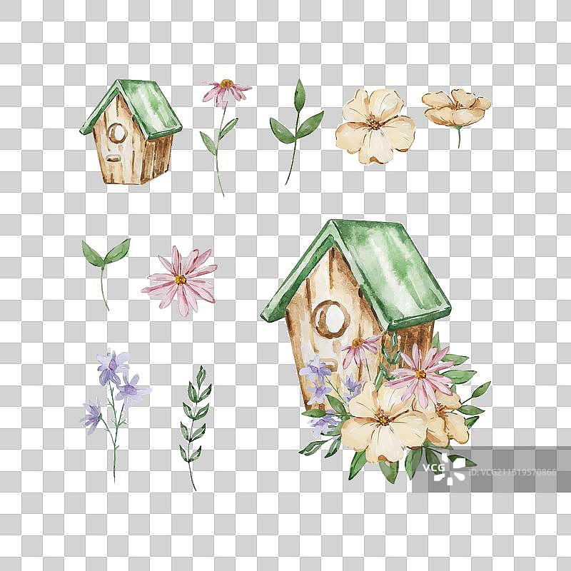 花园花卉水彩鸟舍图片素材