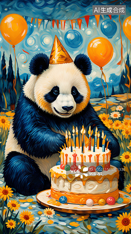 【AI数字艺术】手绘动物主题插画 过生日的大熊猫图片素材