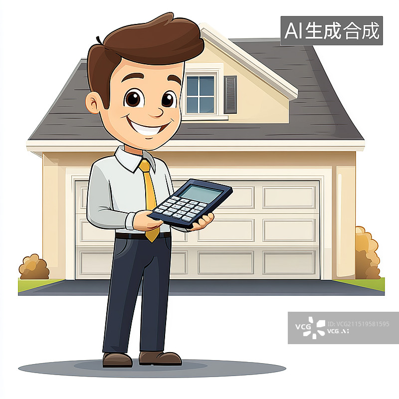 【AI数字艺术】卡通矢量风格的插图，一个微笑的房地产经纪人站在一个家的前面图片素材