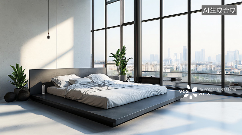 【AI数字艺术】现代复古极简家居卧室场景图片素材