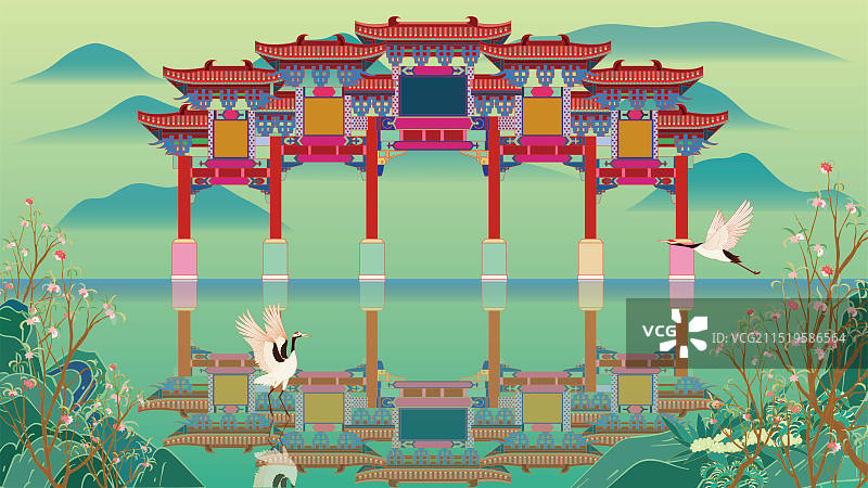国风地标城市风光矢量插画系列—国潮风 安徽 阜阳生态乐园图片素材
