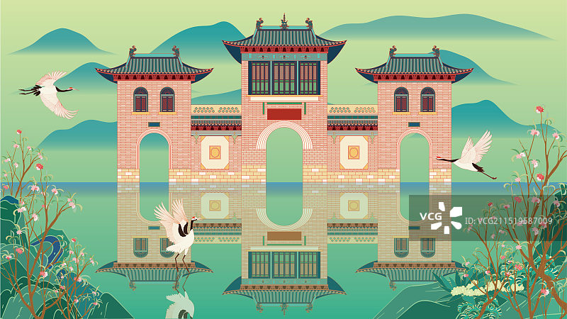 国风地标城市风光矢量插画系列—国潮风 山西 晋城 泽州县 大阳古镇图片素材